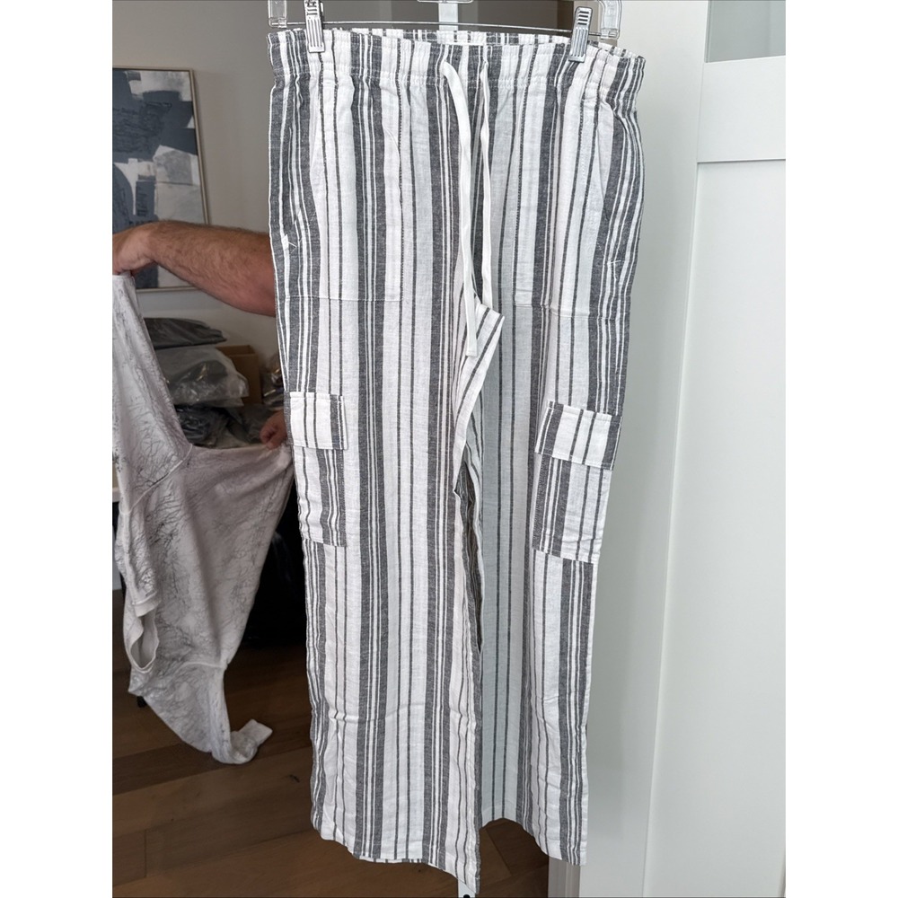 ROXY Linen Cargo Pants XS Black White Stripe Wide Leg Beach Coastal